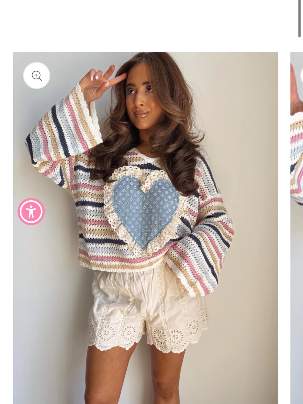 POL Striped Crochet Heart Sweater in Blue, Pink, Cream, Navy